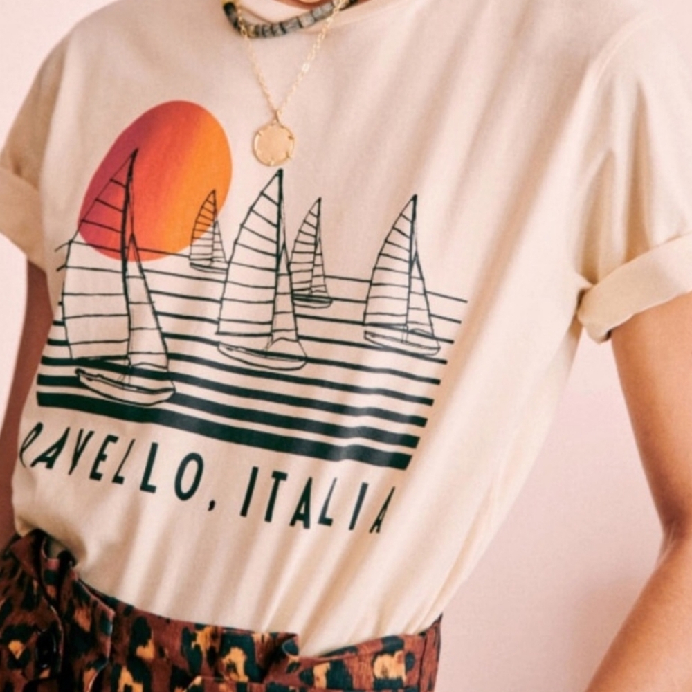 Sezane Cream Ravello Graphic T-Shirt with Short Sleeves